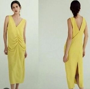ZARA Center Ruched Lemon V-neck midi dress. Size M